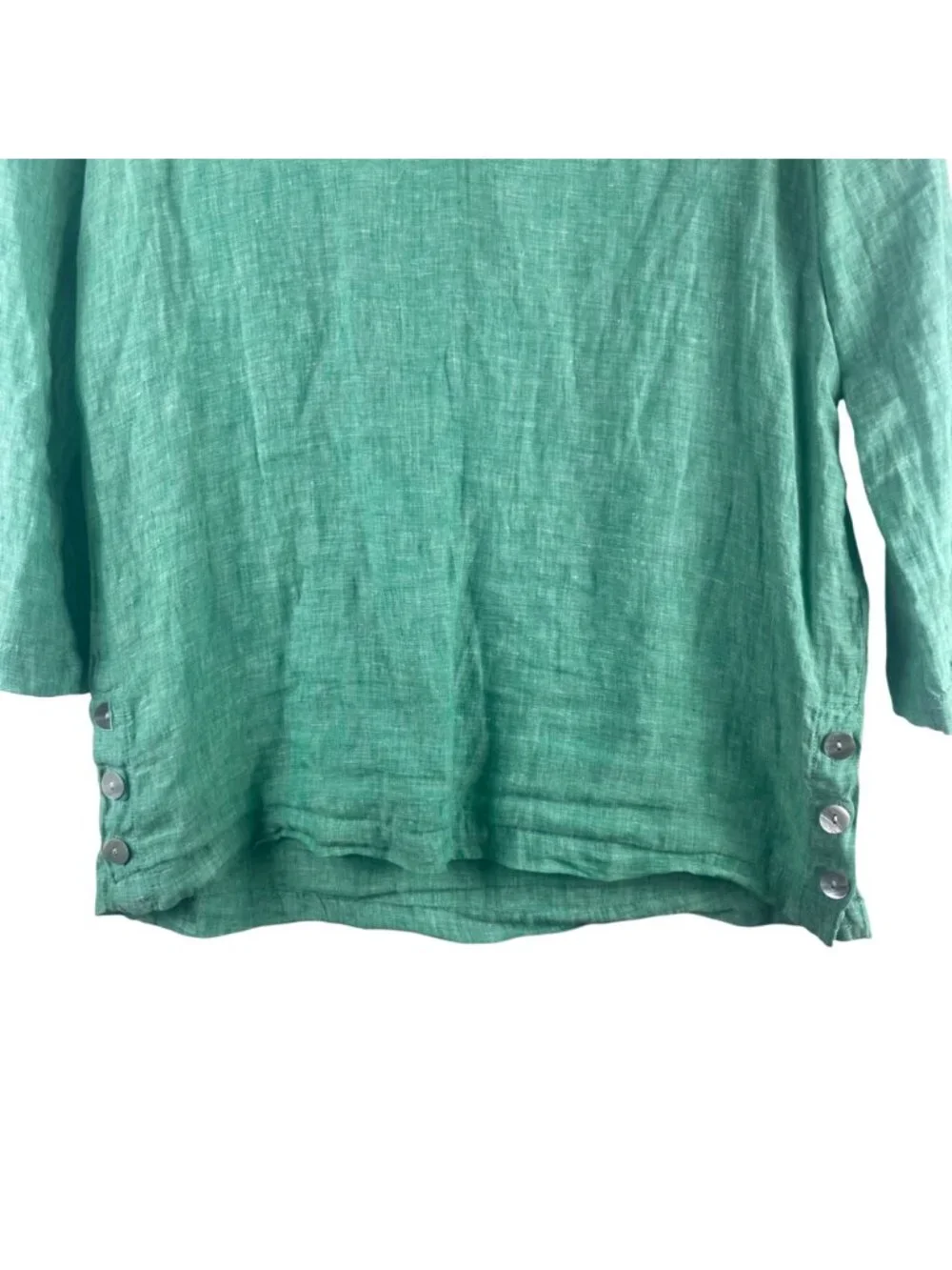Tahari 100% Linen 3/4 Sleeve Tunic Top With Side Buttons Size Medium Teal Green - Picture 3 of 10